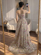 Luxury Nude Pink Off-Shoulder Floral Evening Dress LA73552K