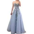 Luxury Blue Strapless 3D Flower Beaded A-Line Prom Dress LA73553