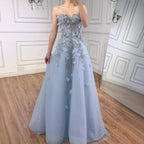 Luxury Blue Strapless 3D Flower Beaded A-Line Prom Dress LA73553