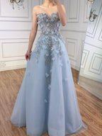 Luxury Blue Strapless 3D Flower Beaded A-Line Prom Dress LA73553