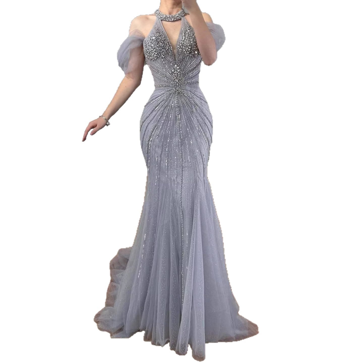 Luxury Gray Off The Shoulder Feather Beaded Mermaid Evening Dress LA73554