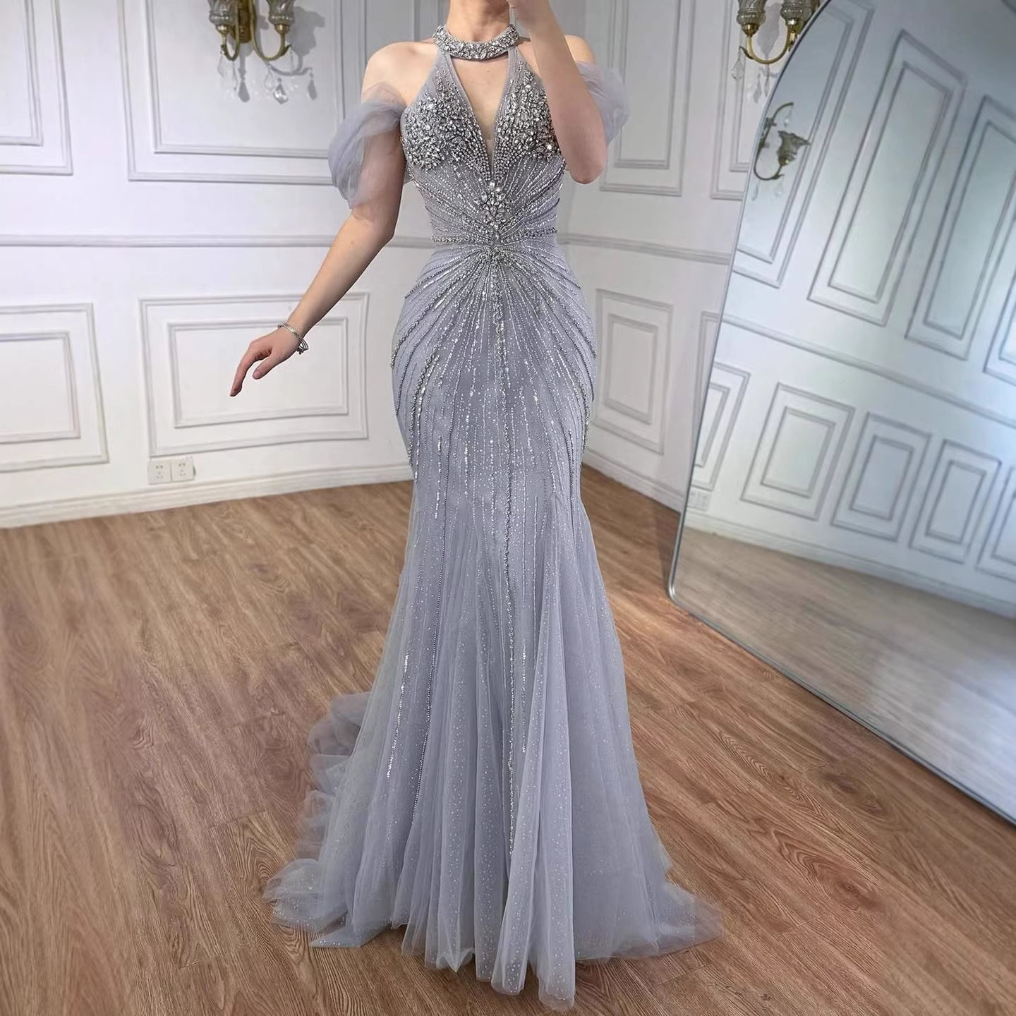 Luxury Gray Off The Shoulder Feather Beaded Mermaid Evening Dress LA73554