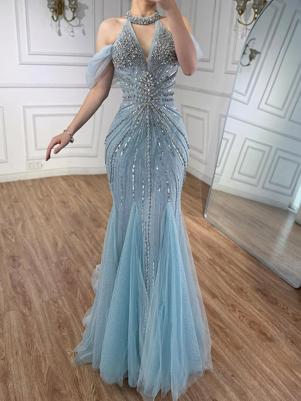 Luxury Gray Off The Shoulder Feather Beaded Mermaid Evening Dress LA73554
