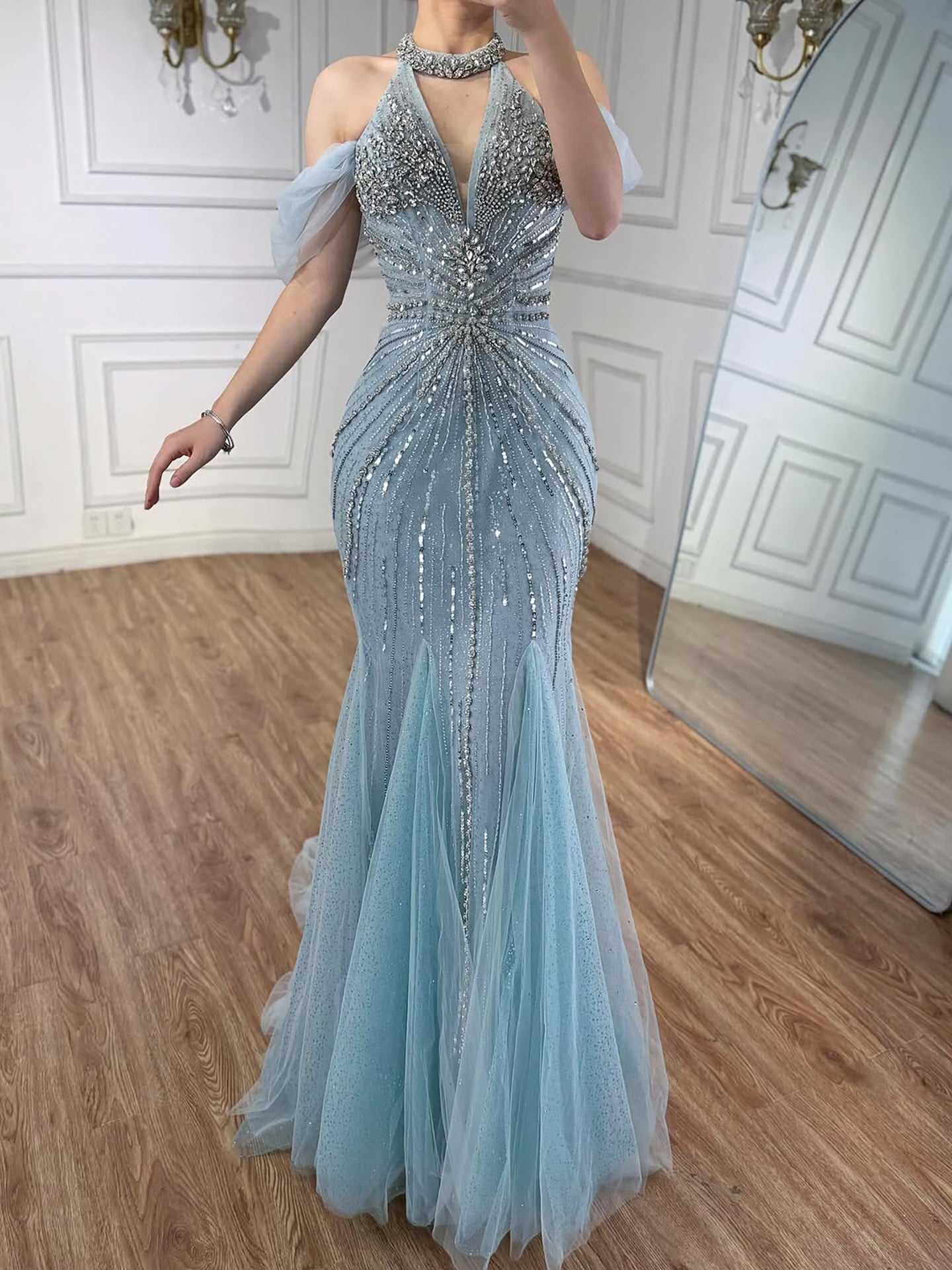 Luxury Gray Off The Shoulder Feather Beaded Mermaid Evening Dress LA73554