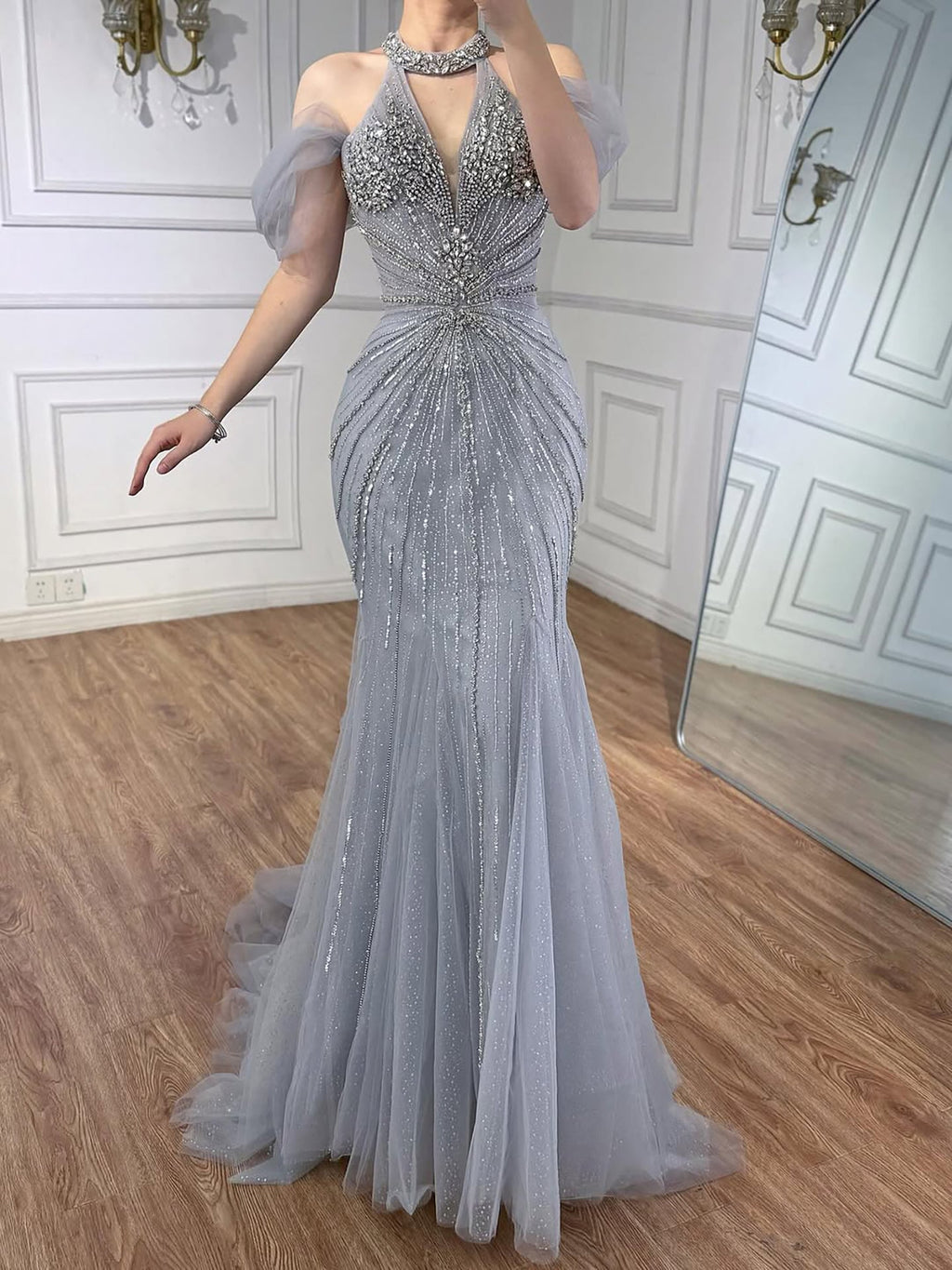 Luxury Gray Off The Shoulder Feather Beaded Mermaid Evening Dress LA73554