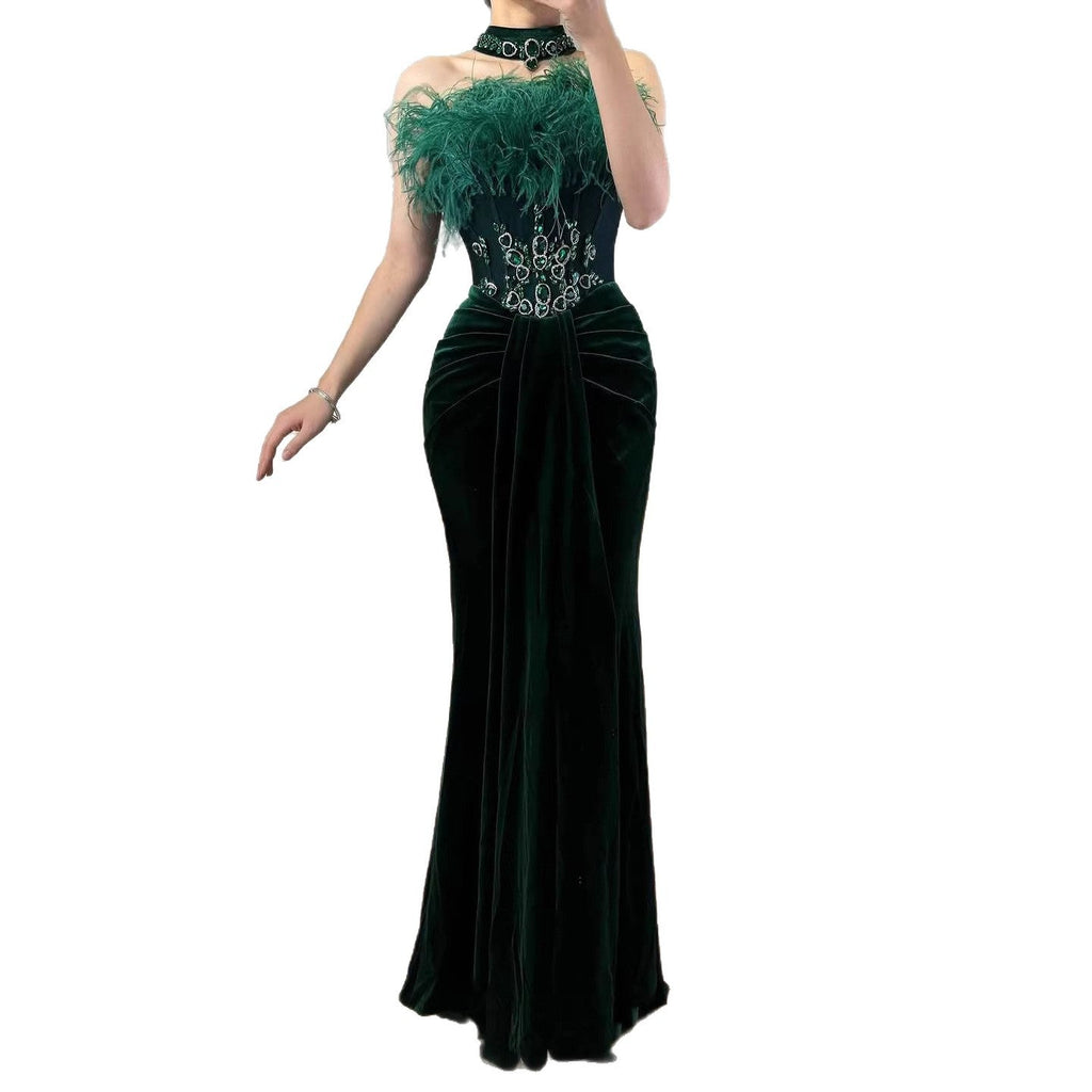 Luxury Green Feather Strapless Beaded Mermaid Prom Dress LA73555