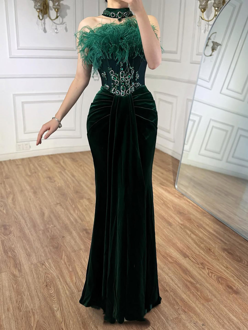 Luxury Green Feather Strapless Beaded Mermaid Prom Dress LA73555