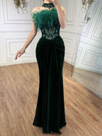 Luxury Green Feather Strapless Beaded Mermaid Prom Dress LA73555