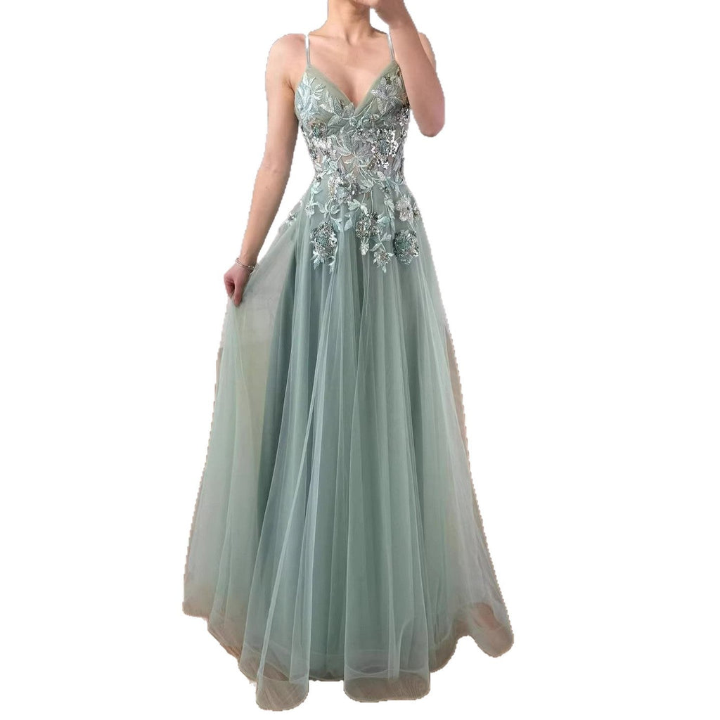 Elegant Sage Green Spaghetti Strap A Line Beaded Evening Prom Dress LA73556