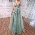 Elegant Sage Green Spaghetti Strap A Line Beaded Evening Prom Dress LA73556