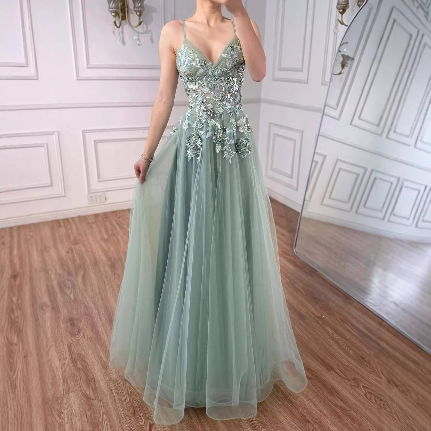 Elegant Sage Green Spaghetti Strap A Line Beaded Evening Prom Dress LA73556
