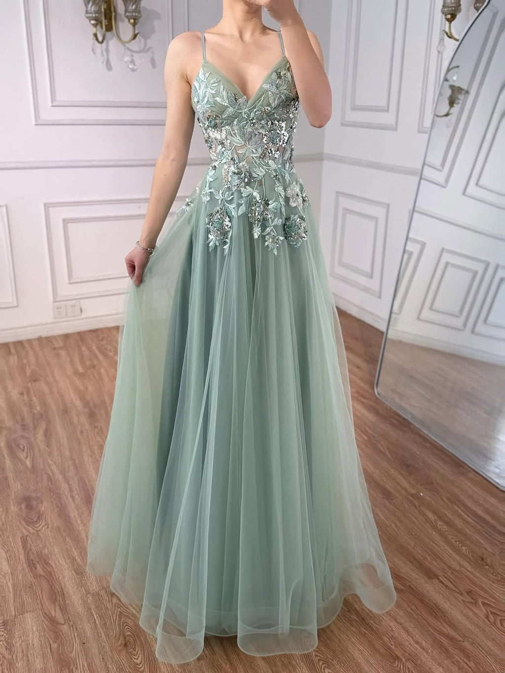 Elegant Sage Green Spaghetti Strap A Line Beaded Evening Prom Dress LA73556