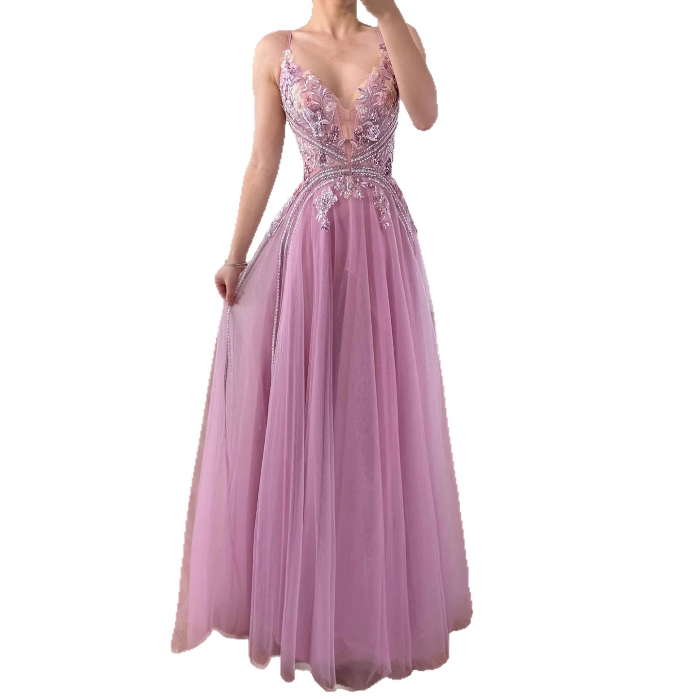Dubai Pink Spaghetti Strap Flower A Line Beaded Evening Prom Dress LA73557