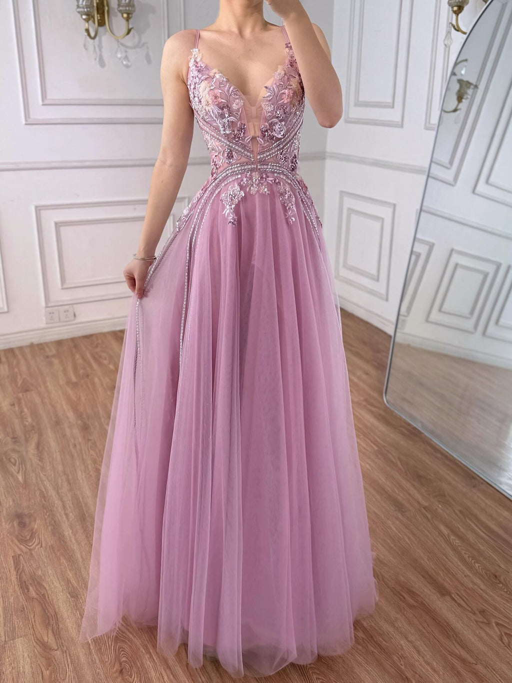 Dubai Pink Spaghetti Strap Flower A Line Beaded Evening Prom Dress LA73557