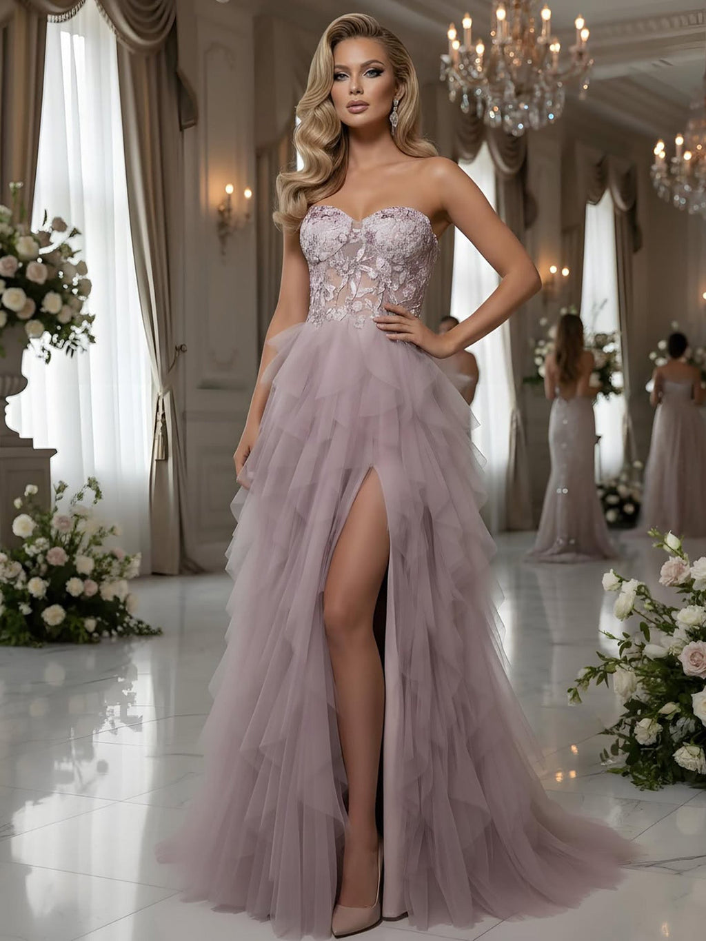 Luxury Pink Beaded Appliques A Line Prom Dress High Split CLA73559