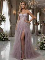 Luxury Pink Beaded Appliques A Line Prom Dress High Split CLA73559