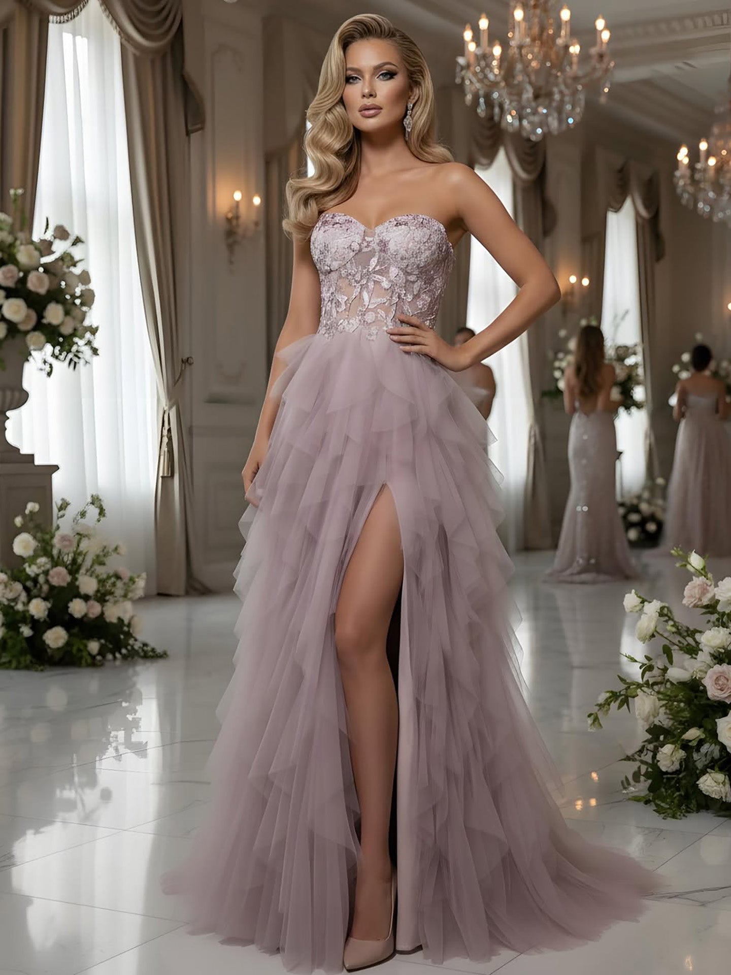 Luxury Pink Beaded Appliques A Line Prom Dress High Split CLA73559