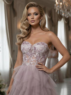Luxury Pink Beaded Appliques A Line Prom Dress High Split CLA73559