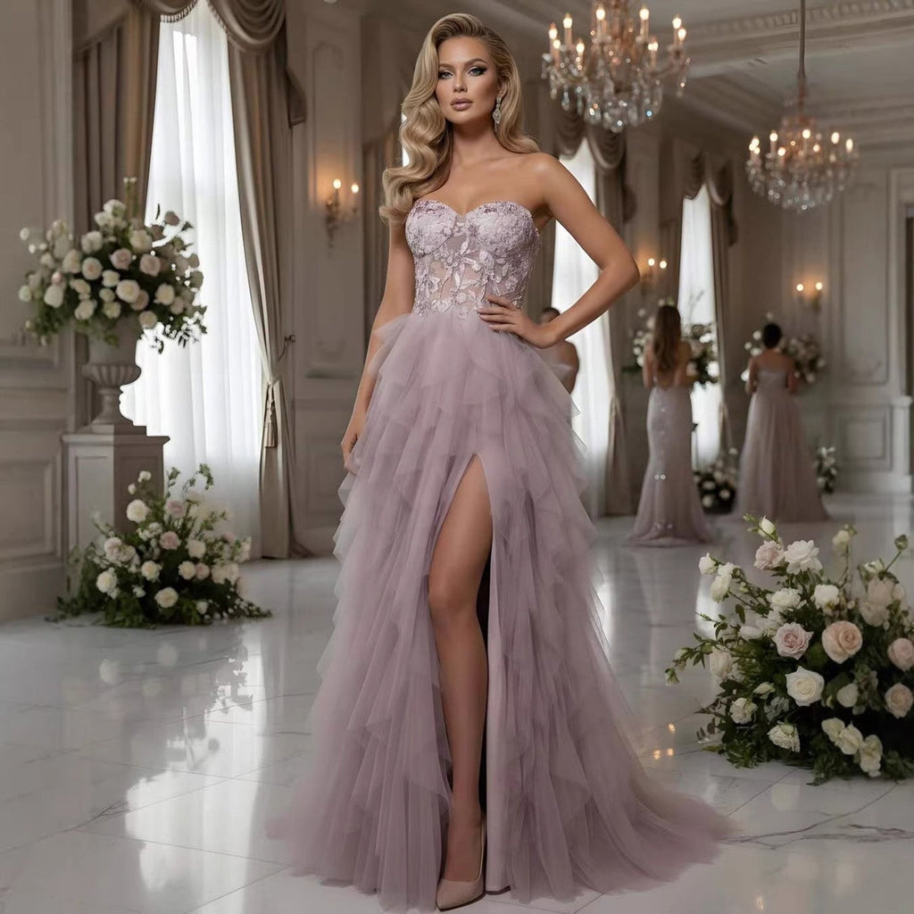Luxury Pink Beaded Appliques A Line Prom Dress High Split CLA73559