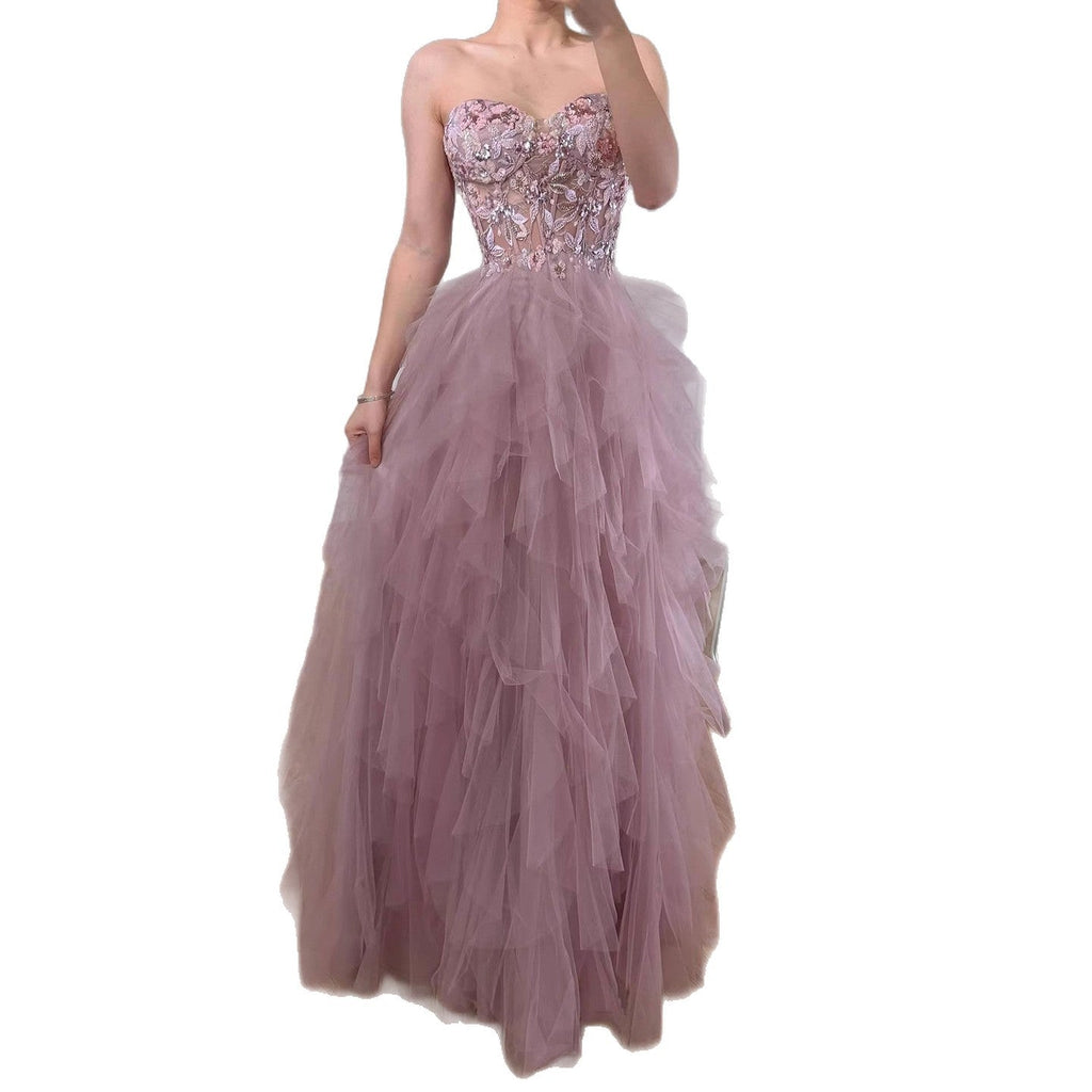Luxury Pink Beaded Appliques A Line Prom Dress High Split CLA73559