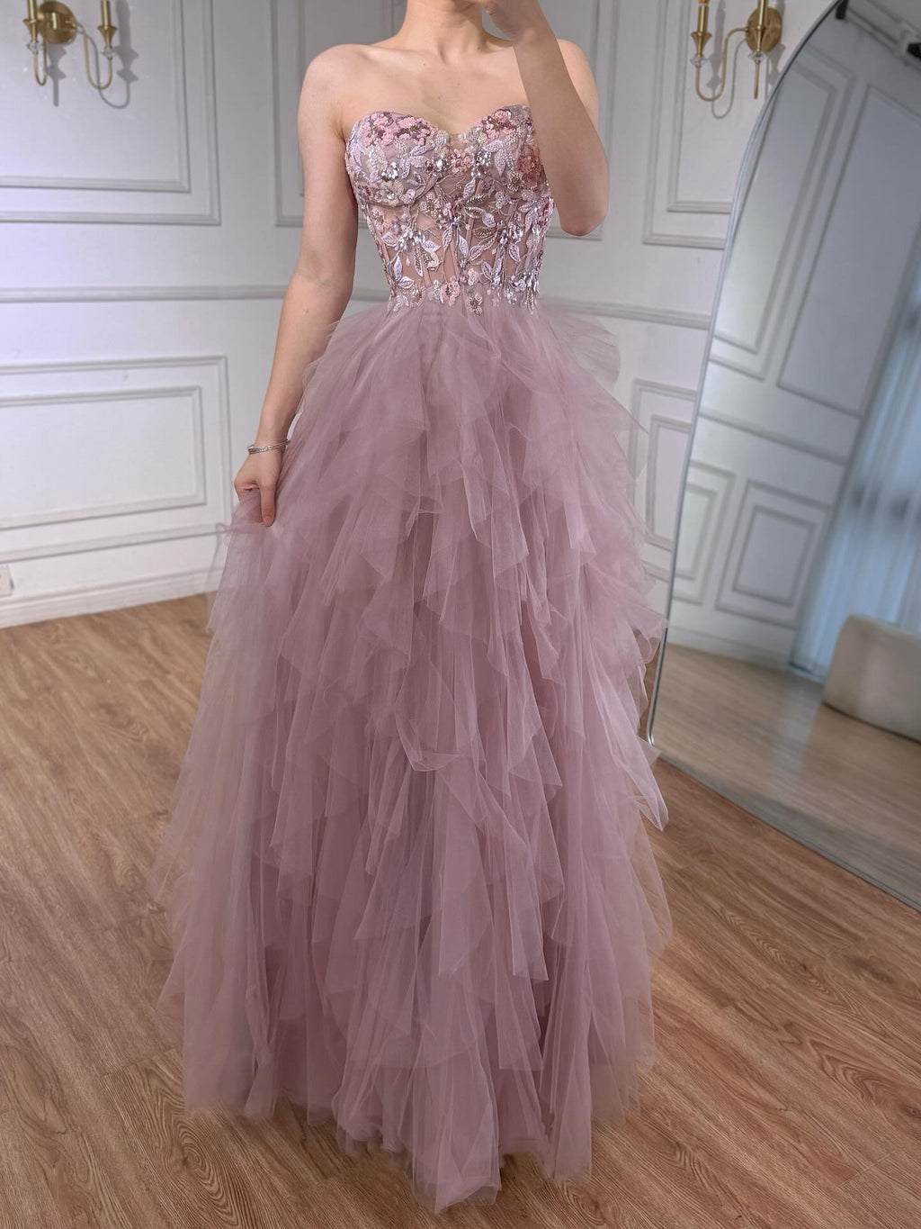 Luxury Pink Beaded Appliques A Line Prom Dress High Split CLA73559