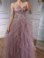 Luxury Pink Beaded Appliques A Line Prom Dress High Split CLA73559