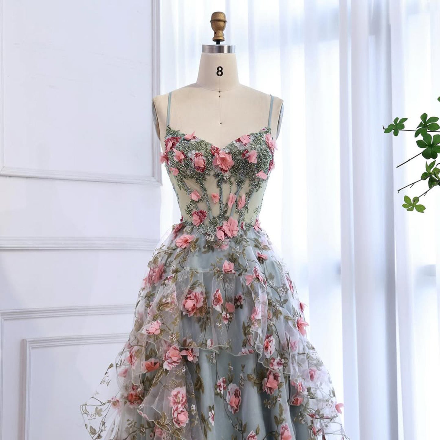 Luxury Sage Green 3D Floral Beaded A-Line Prom Dress CLA73560