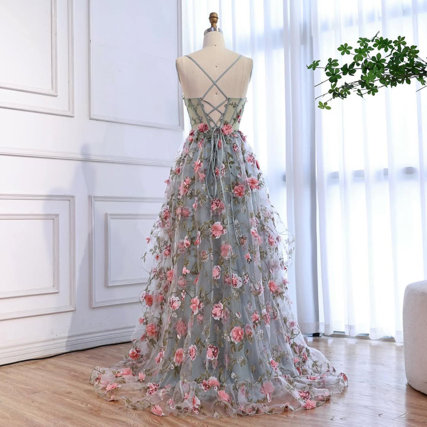 Luxury Sage Green 3D Floral Beaded A-Line Prom Dress CLA73560