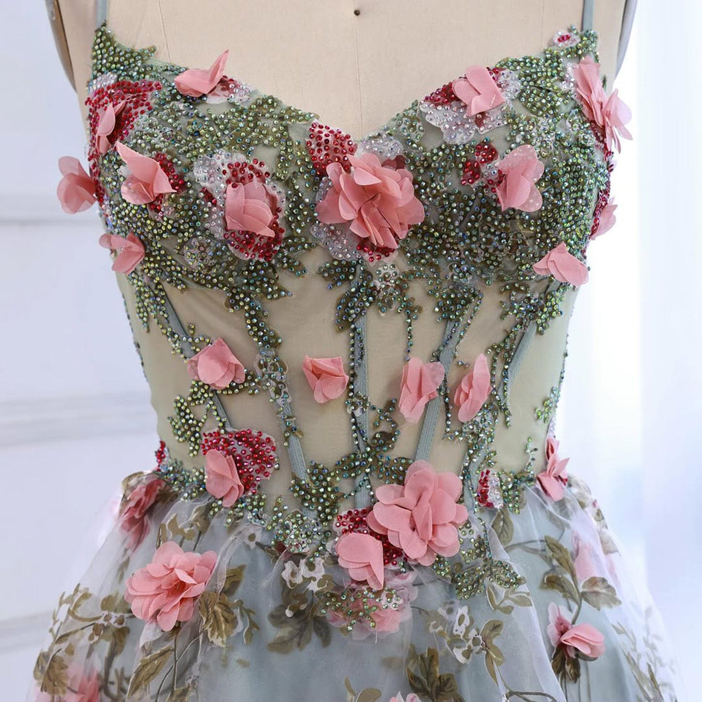 Luxury Sage Green 3D Floral Beaded A-Line Prom Dress CLA73560