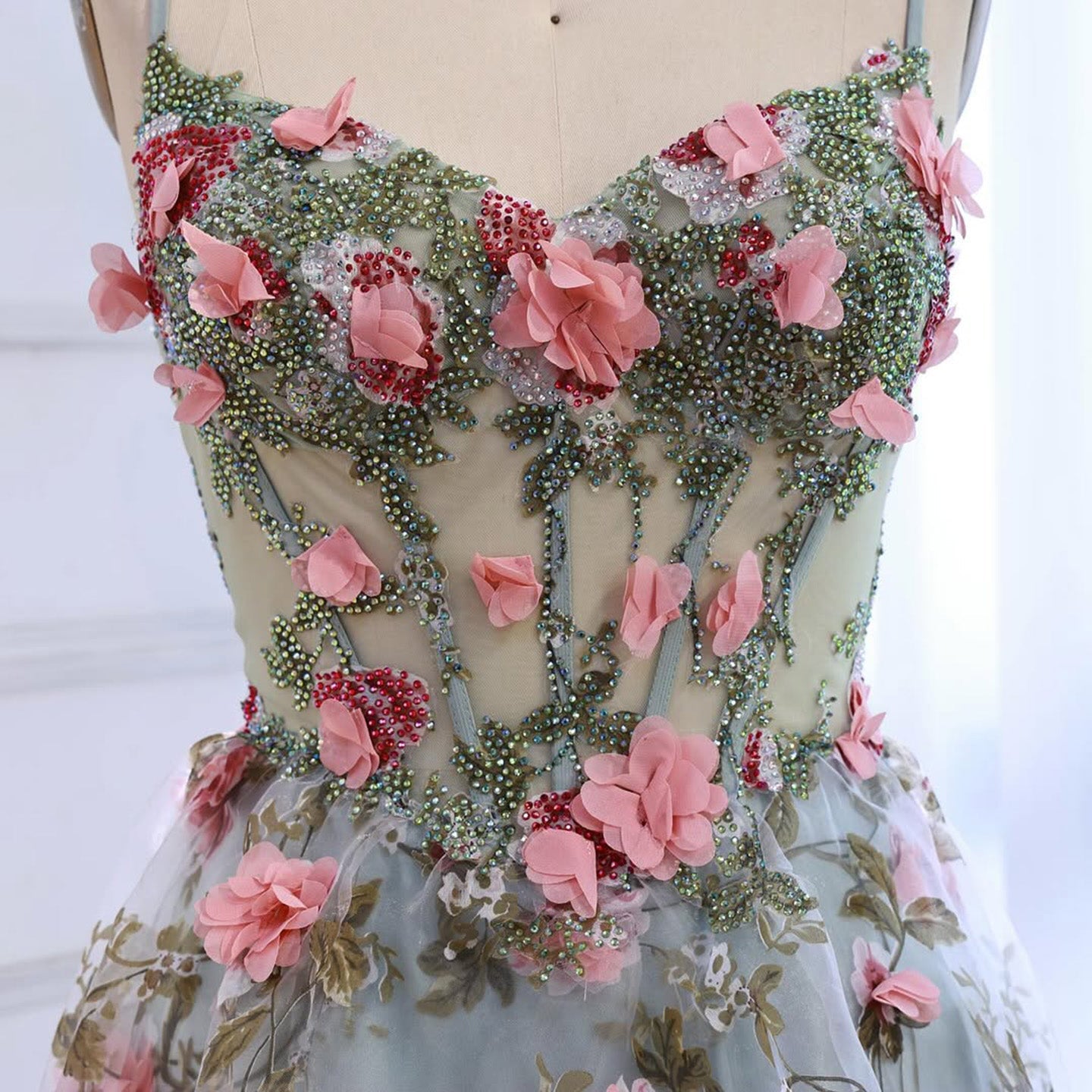 Luxury Sage Green 3D Floral Beaded A-Line Prom Dress CLA73560