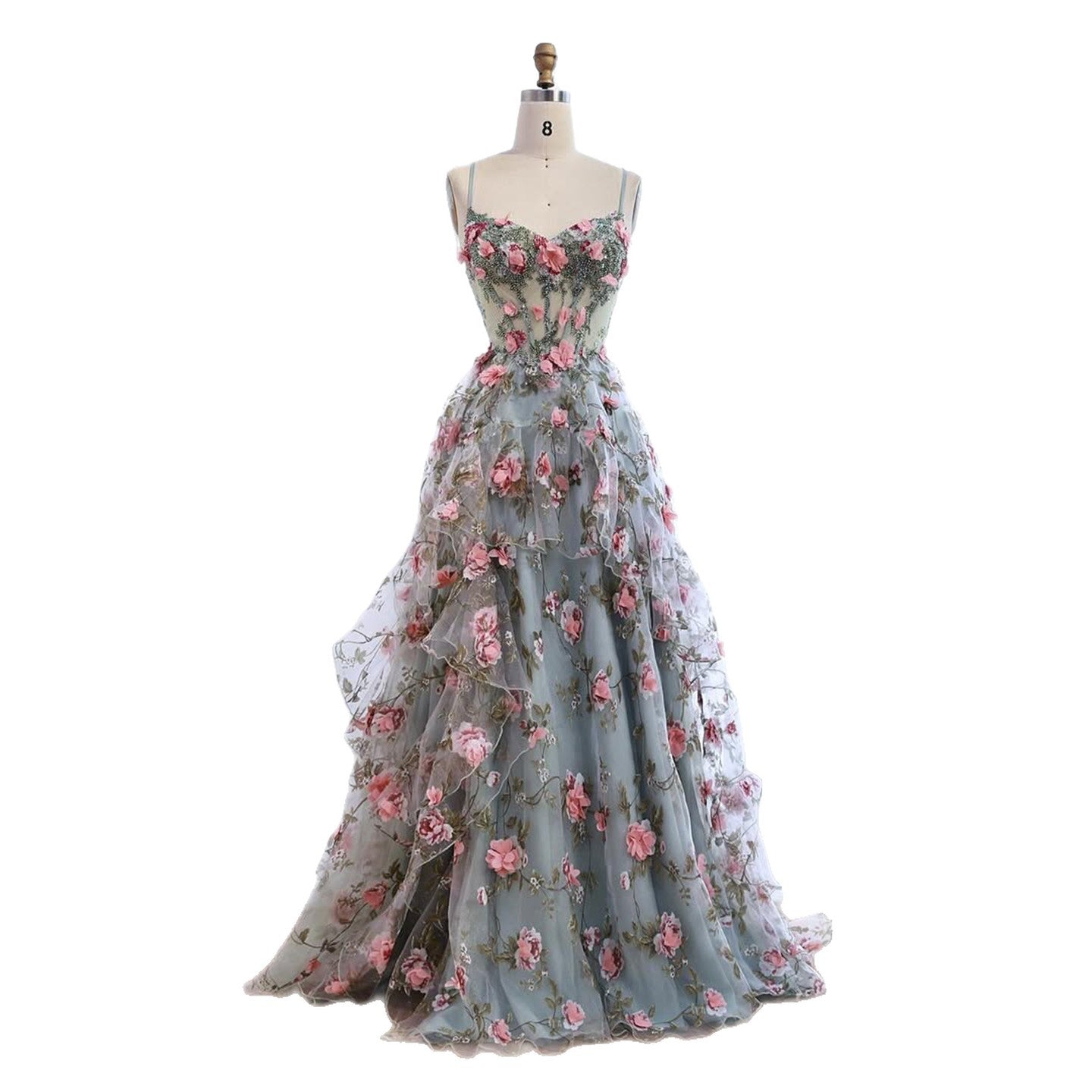 Luxury Sage Green 3D Floral Beaded A-Line Prom Dress CLA73560