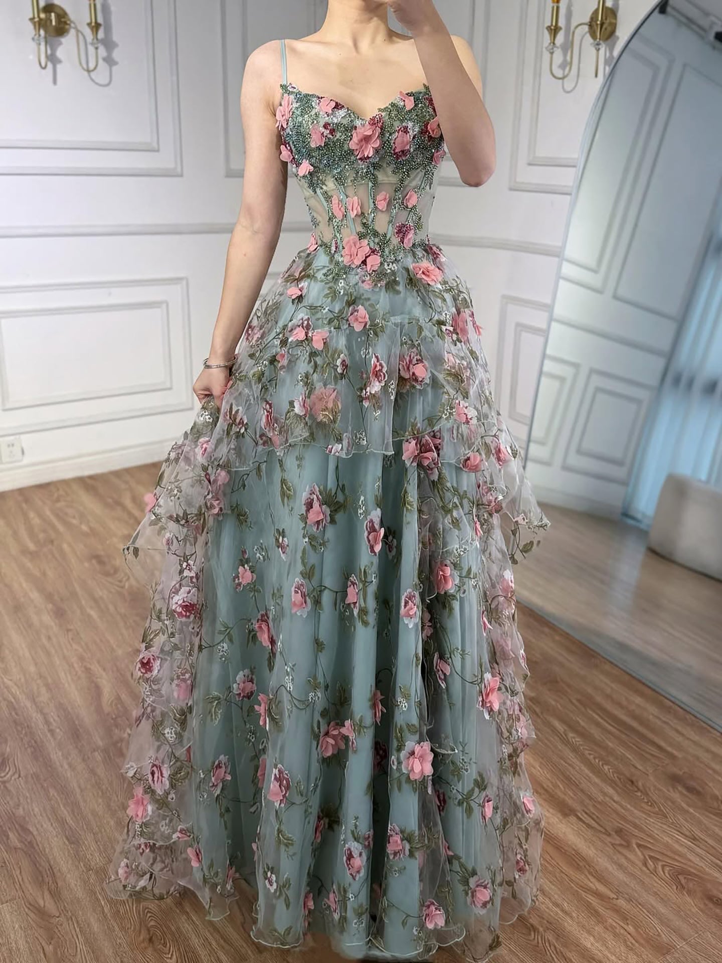 Luxury Sage Green 3D Floral Beaded A-Line Prom Dress CLA73560