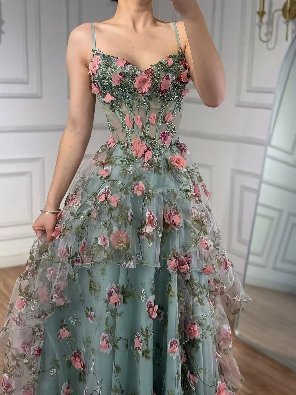 Luxury Sage Green 3D Floral Beaded A-Line Prom Dress CLA73560
