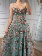 Luxury Sage Green 3D Floral Beaded A-Line Prom Dress CLA73560