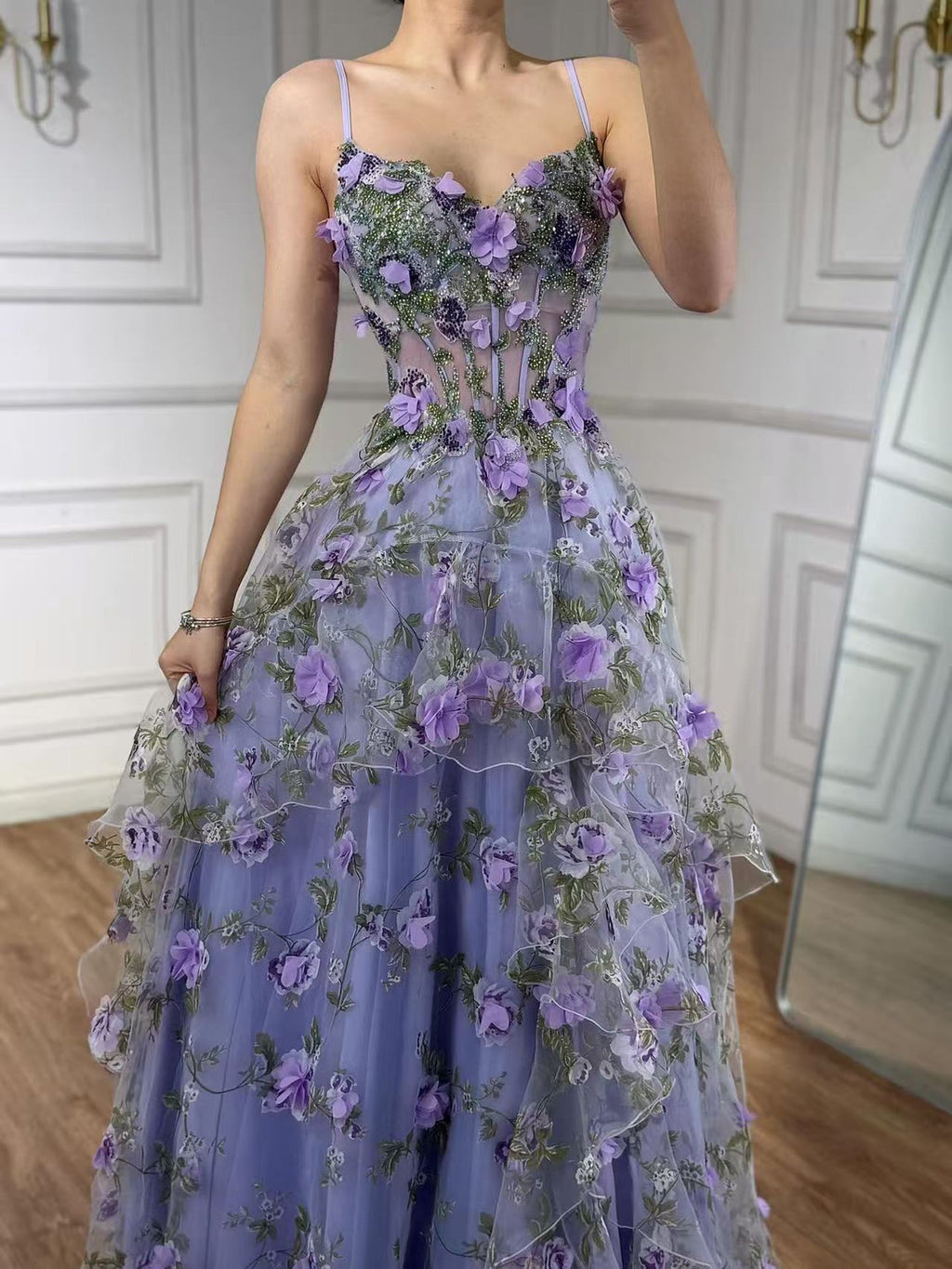 Luxury Sage Green 3D Floral Beaded A-Line Prom Dress CLA73560