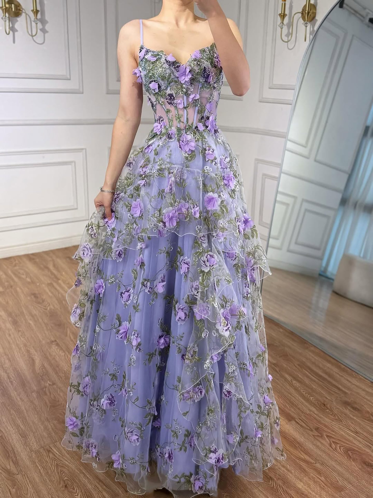 Luxury Sage Green 3D Floral Beaded A-Line Prom Dress CLA73560