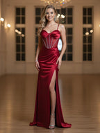 Luxury Red Satin Mermaid Prom Dress High Split CLA73564