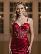 Luxury Red Satin Mermaid Prom Dress High Split CLA73564