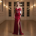 Luxury Red Satin Mermaid Prom Dress High Split CLA73564