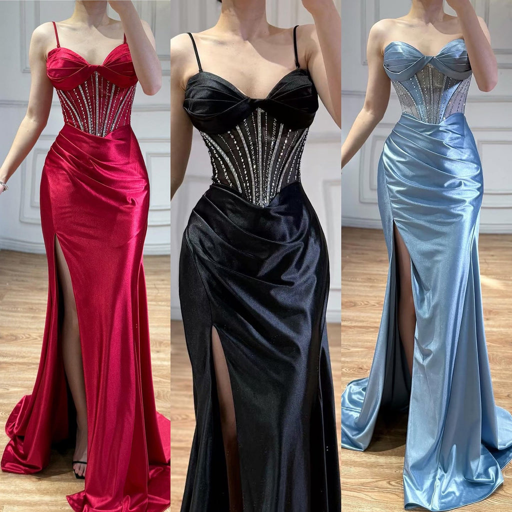 Luxury Red Satin Mermaid Prom Dress High Split CLA73564