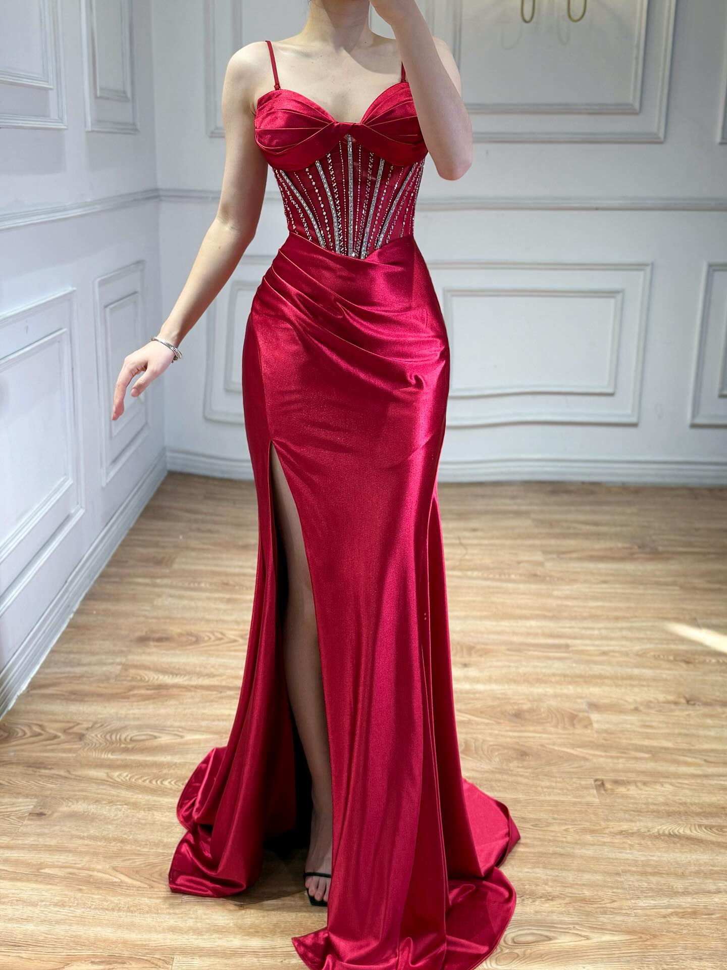Luxury Red Satin Mermaid Prom Dress High Split CLA73564