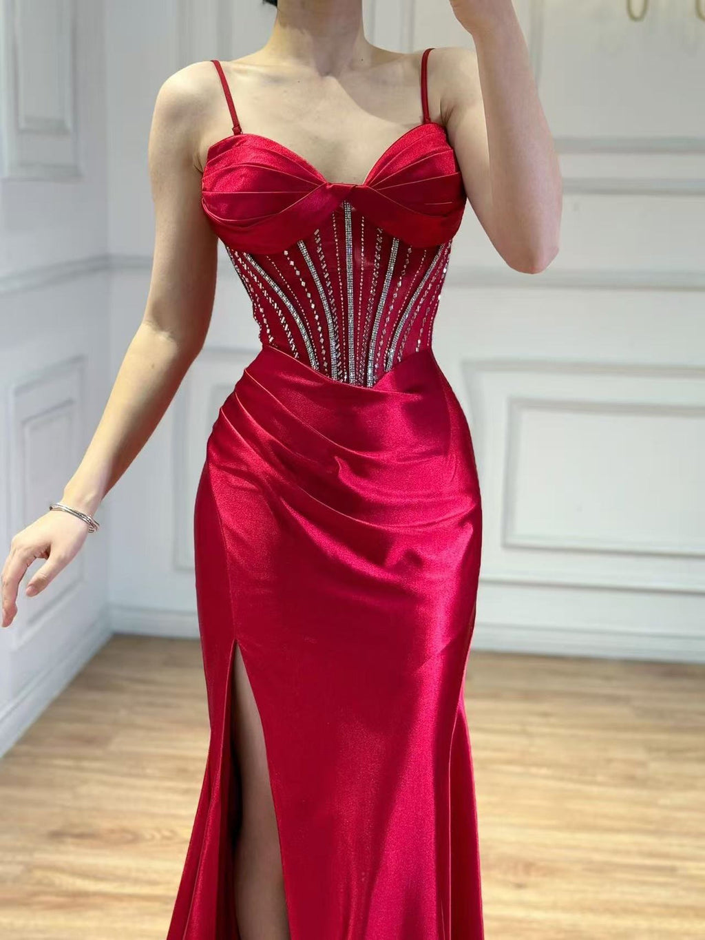 Luxury Red Satin Mermaid Prom Dress High Split CLA73564