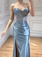 Luxury Red Satin Mermaid Prom Dress High Split CLA73564