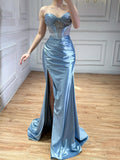 Luxury Red Satin Mermaid Prom Dress High Split CLA73564