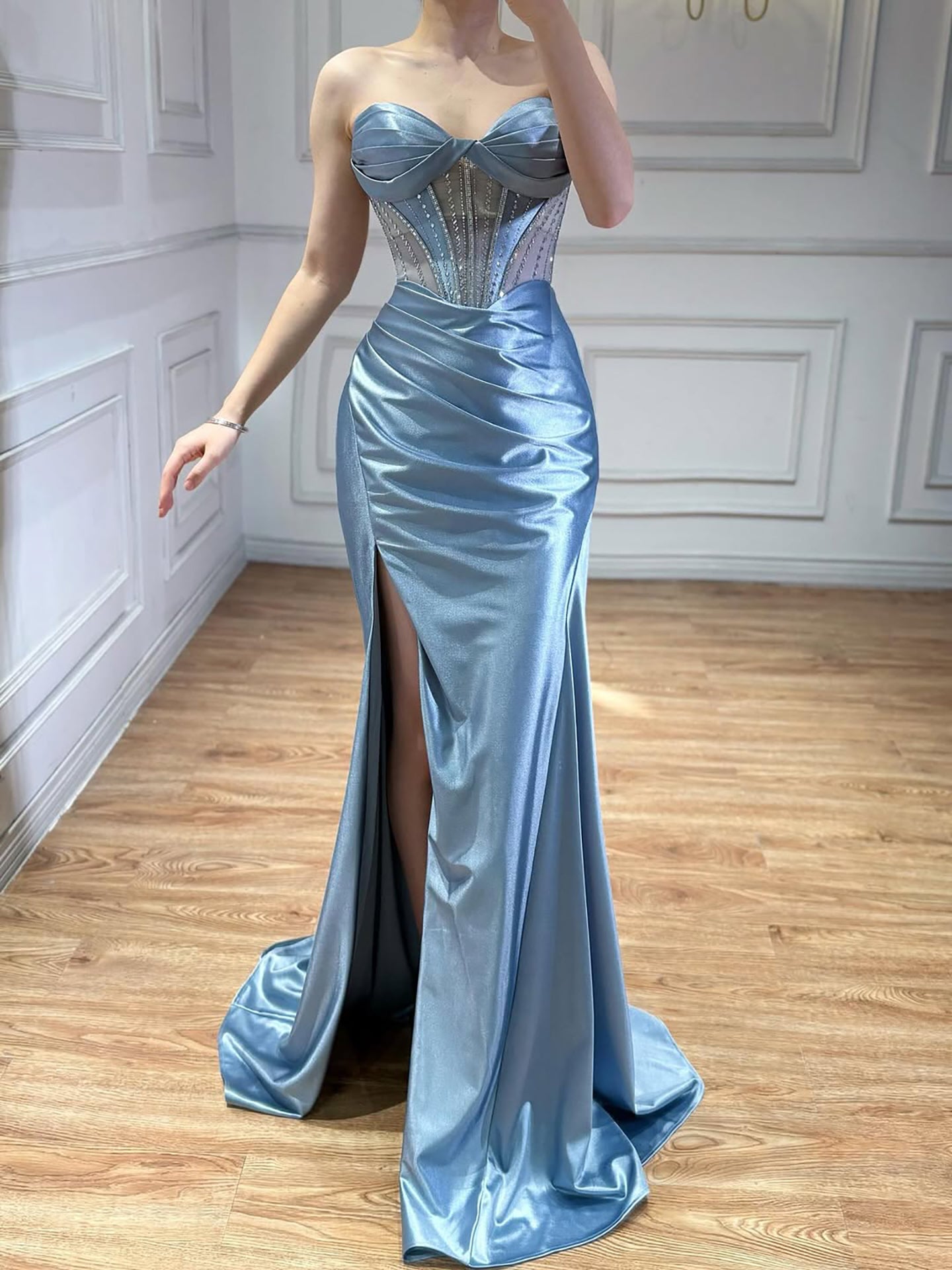 Luxury Red Satin Mermaid Prom Dress High Split CLA73564
