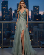 Luxury Sage Green Beaded Appliques A Line Evening Dress CLA73568