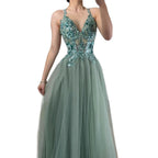 Luxury Sage Green Beaded Appliques A Line Evening Dress CLA73568