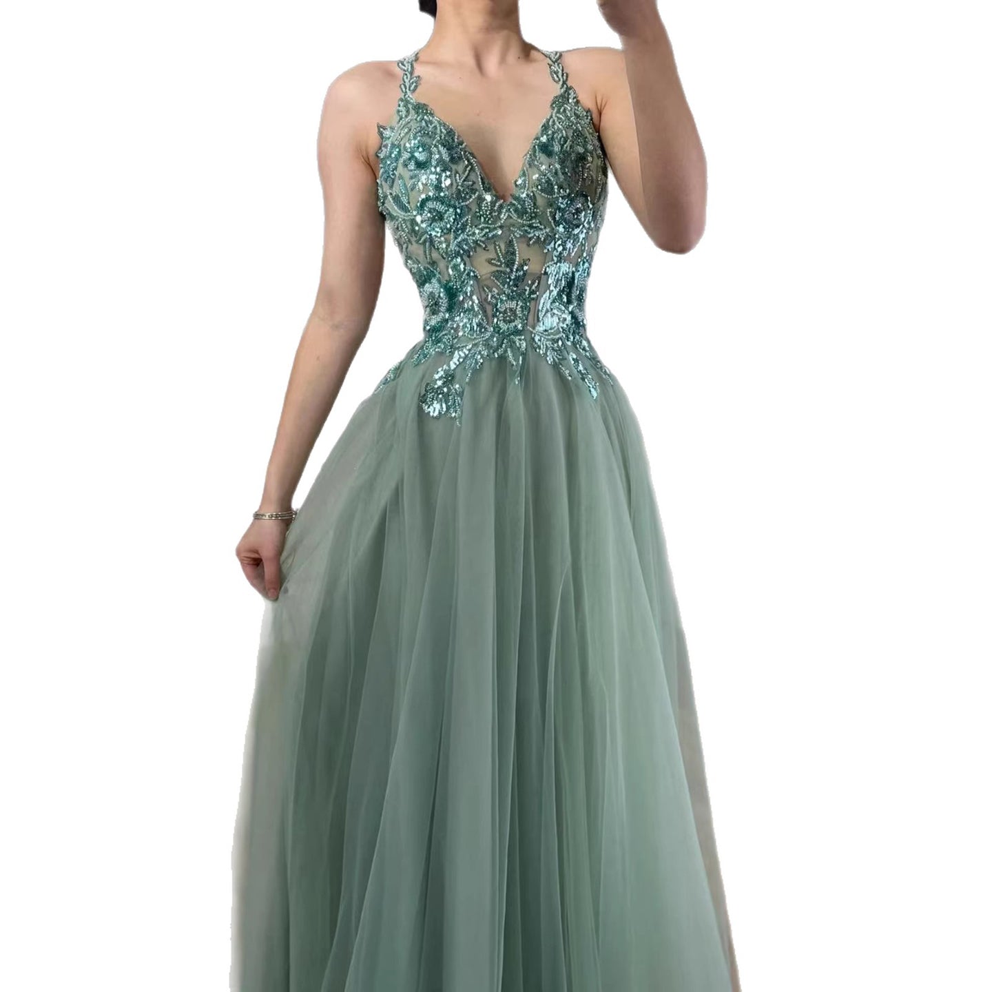 Luxury Sage Green Beaded Appliques A Line Evening Dress CLA73568