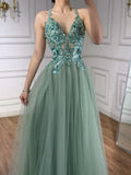 Luxury Sage Green Beaded Appliques A Line Evening Dress CLA73568