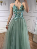 Luxury Sage Green Beaded Appliques A Line Evening Dress CLA73568